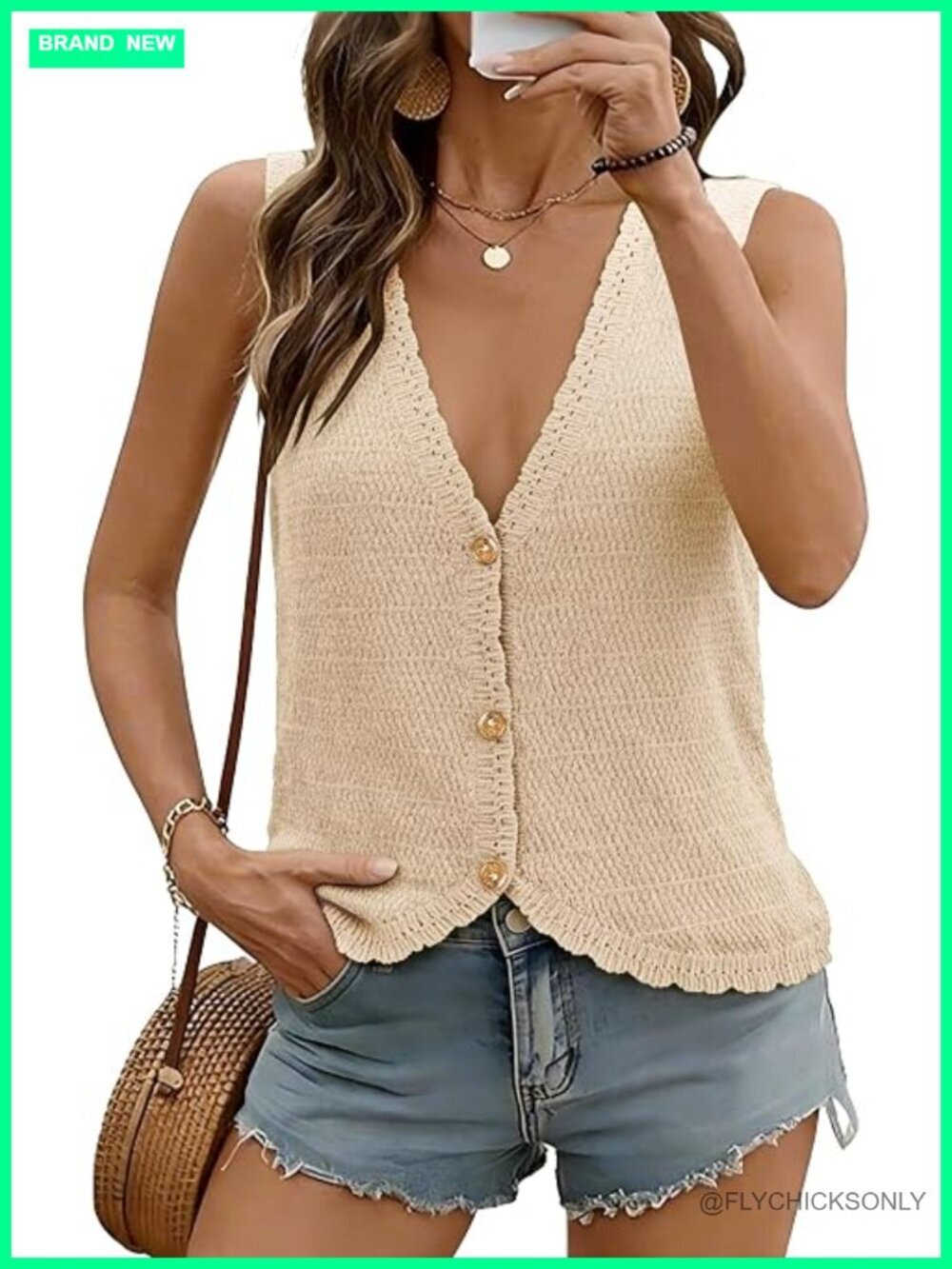 Sleeveless V-Neck Crochet Knit Button Down Vest Tank Top Summer Beach Vacation